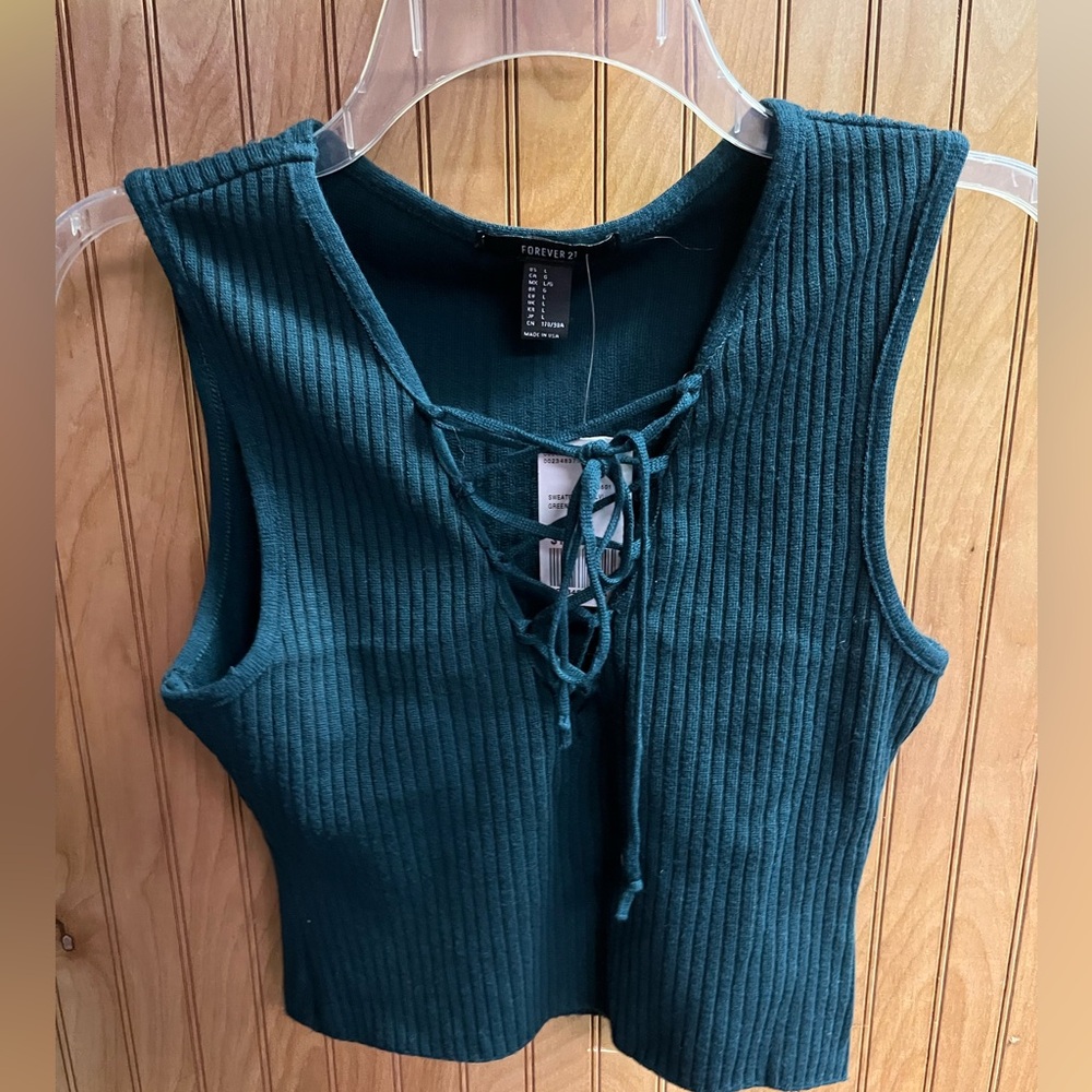 FOREVER 21 green sweater Ribbed Lace-Up Tank Top size L new with tags